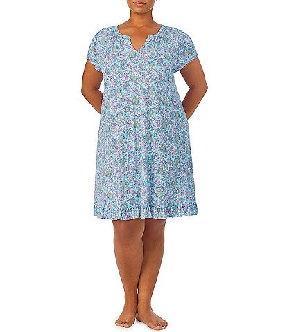 Eileen West Plus Size Floral Square Neck Short Sleeve Jersey Knit