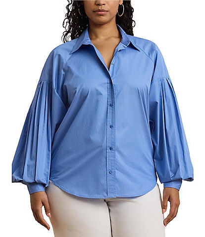 Lauren Ralph Lauren Plus Size Cotton Poplin Point Collar Long Blouson Sleeve Button-Front Shirt