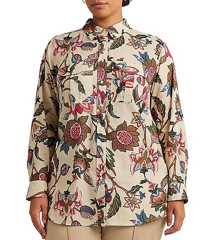 Lauren Ralph Lauren Plus Size Courtenay Floral Button Front Long Sleeve Blouse