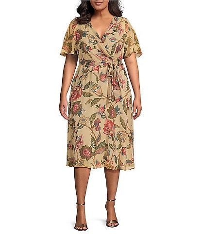 Lauren Ralph Lauren Plus Size Crinkle Georgette Short Flutter Sleeve V-Neck Floral Faux Wrap Dress