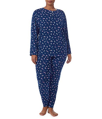 Lauren Ralph Lauren Plus Size Ditsy Floral Print Long Sleeve Henley Neck Top & Jogger Pajama Set