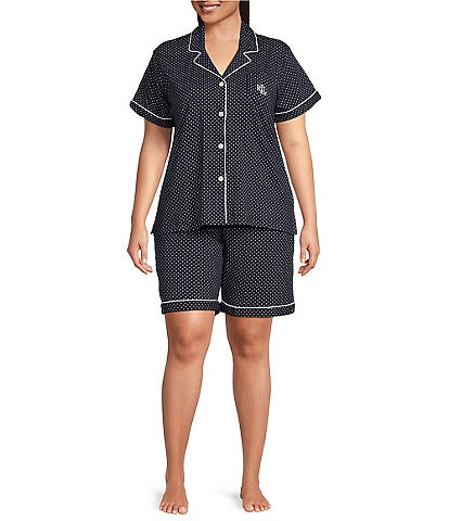 Lauren Ralph Lauren Plus Size Dotted Short Sleeve Notch Collar Bermuda Short Knit Pajama Set