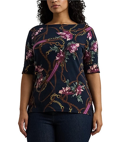 Lauren Ralph Lauren Plus Size Equestrian-Inspired Floral Print Boat Neck Elbow Length Sleeve Tee Shirt