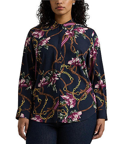 Lauren Ralph Lauren Plus Size Equestrian-Inspired Floral Print Crepe Long Sleeve Button-Front Shirt