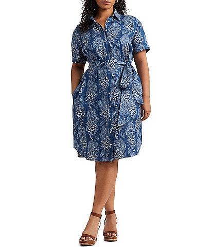 Lauren Ralph Lauren Plus Size Floral Belted Point Collar Short Sleeve Side Pocket Linen Button Front Shirt Dress