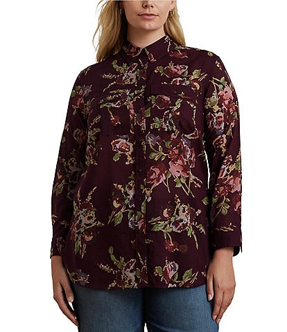 Lauren Ralph Lauren Plus Size Floral Cotton Voile Point Collar Long Sleeve Button-Front Shirt