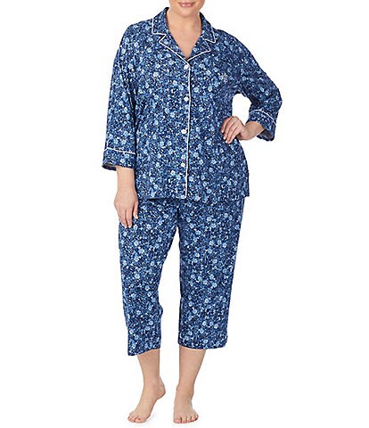 Lauren Ralph Lauren Plus Size Floral Print 3/4 Sleeve Notch Collar Knit Capri Pajama Set