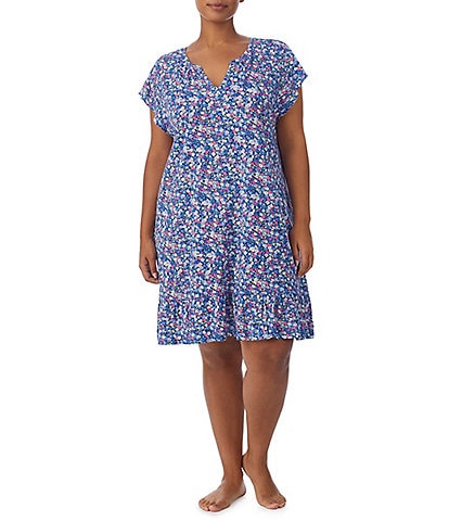 Lauren Ralph Lauren Plus Size Floral Print Flutter Sleeve Split V-Neck Flounce Hem Short Nightgown