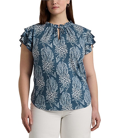 Lauren Ralph Lauren Plus Size Floral Print Linen-Blend Jersey Ruffle Trim Tie Keyhole Neck Short Flutter Sleeves Top