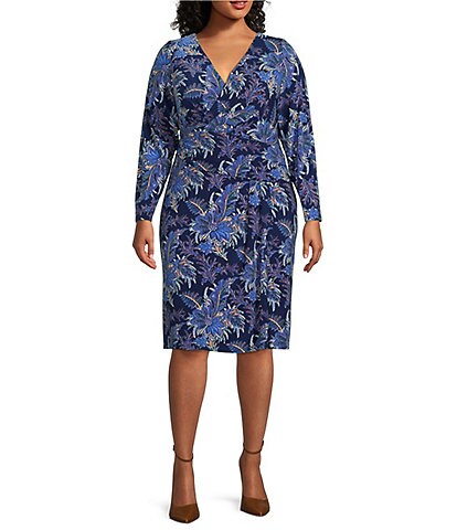 Lauren Ralph Lauren Plus Size Floral Print Long Sleeve Surplice V-Neck Jersey Dress