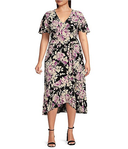 Lauren Ralph Lauren Plus Size Floral Print Short Flutter Sleeve Faux Wrap Jersey Dress