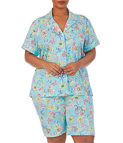 Lauren Ralph Lauren Plus Size Floral Print Short Sleeve Notch Collar Bermuda Short Knit Pajama Set