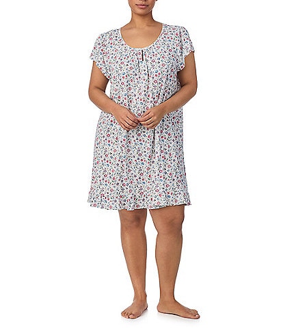 Lauren Ralph Lauren Plus Size Floral Print Short Sleeve Scoop Neck Knit Nightgown