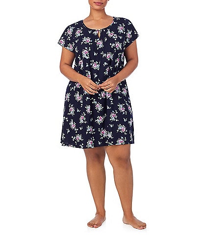 Lauren Ralph Lauren Plus Size Floral Print Flutter Sleeve Keyhole Neck Jersey Knit Nightgown
