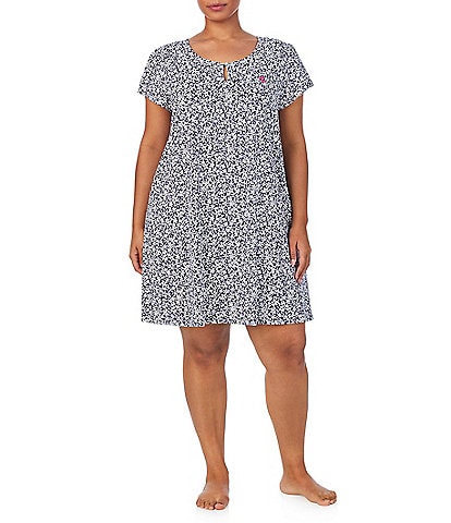 Lauren Ralph Lauren Plus Size Flutter Sleeve Keyhole Neck Jersey Knit Floral Print Nightgown