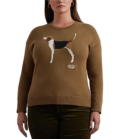 Lauren Ralph Lauren Plus Size Intarsia-Knit Beagle Crew Neck "LRL" Script Embroidered Sweater