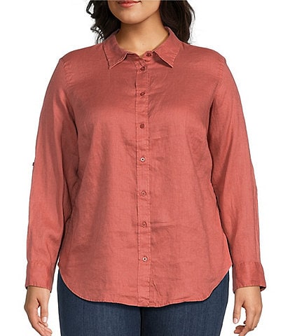Lauren Ralph Lauren Plus Size Karrie Linen Roll-Tab Sleeve Collared Button Down Collared Shirt