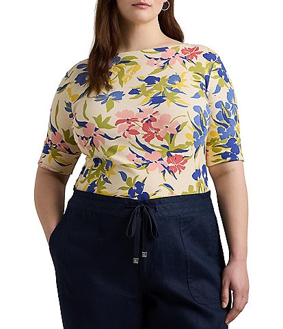 Lauren Ralph Lauren Plus Size Knit Floral Print Boat Neck Elbow Length Sleeve Tee Shirt