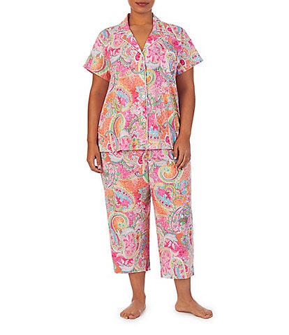 Lauren Ralph Lauren Plus Size Knit Paisley Print Short Sleeve Notch Collar Capri Pants Pajama Set