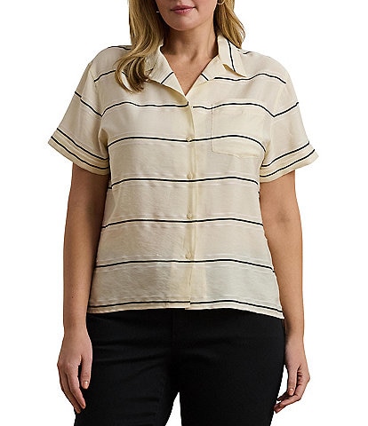 Lauren Ralph Lauren Plus Size Lightweight Striped Camp Collar Short Sleeve Button-Front Camp Shirt