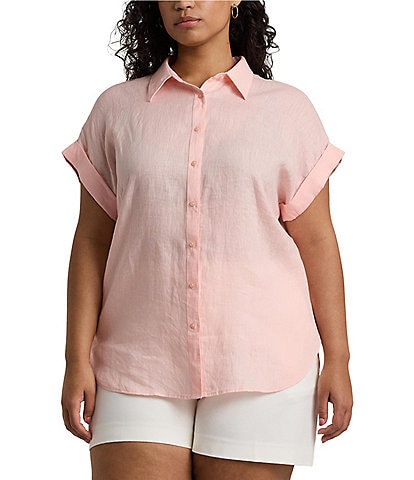 Lauren Ralph Lauren Plus Size Point Collar Short Sleeve Linen Shirt