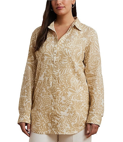 Lauren Ralph Lauren Plus Size Linen Floral Point Collar Long Roll-Tab Sleeve Button-Front Shirt