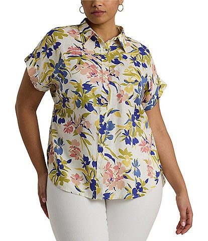 Lauren Ralph Lauren Plus Size Linen Floral Print Point Collar Short Cuffed Sleeve Button Front Shirt
