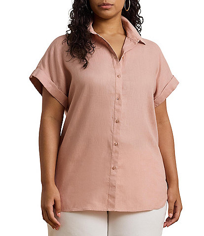 Lauren Ralph Lauren Plus Size Linen Point Collar Short Sleeve Button-Front Shirt