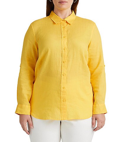 Lauren Ralph Lauren Plus Size Point Collar Long Roll-Tab Sleeve Button Front Linen Shirt