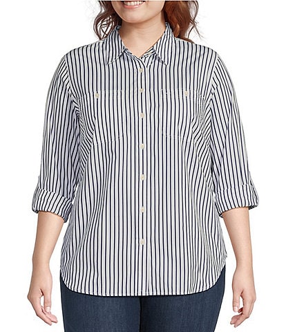 Lauren Ralph Lauren Plus Size Long Roll-Tab Sleeve Striped Button Front Cotton Shirt