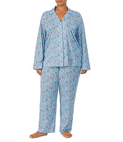 Lauren Ralph Lauren Plus Size Long Sleeve Notch Collar Knit Paisley Print Pajama Set