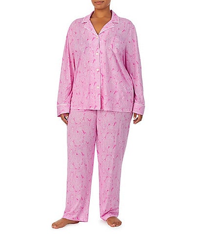 Lauren Ralph Lauren Plus Size Long Sleeve Notch Collar Knit Paisley Print Pajama Set