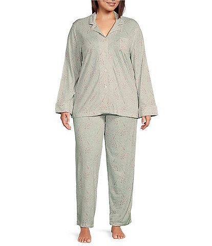 Lauren Ralph Lauren Plus Size Long Sleeve Notch Collar Long Pant Knit Paisley Print Pajama Set