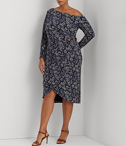 Lauren Ralph Lauren Plus Size Long Sleeve Off-the-Shoulder Floral Faux Wrap Dress