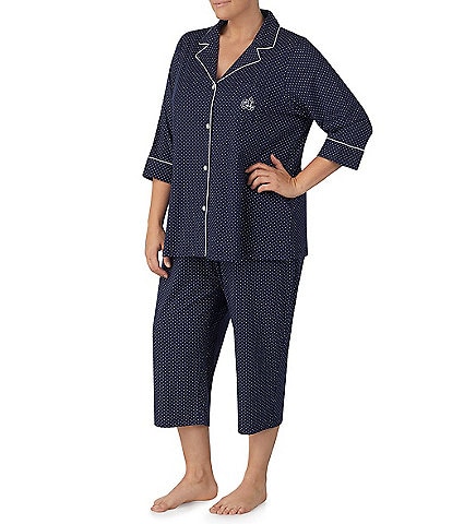 Lauren Ralph Lauren Plus Size Notch Collar 3/4 Sleeve Button Front Jersey Knit Capri Pajama Set