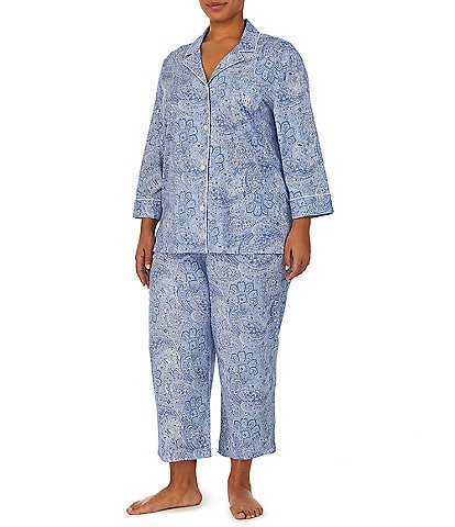 Lauren Ralph Lauren Plus Size Paisley Print Notch Collar 3/4 Sleeve Button Front Capri Pajama Set