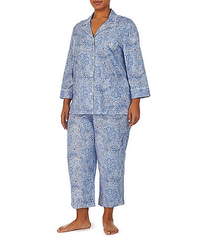 Lauren Ralph Lauren Plus Size Paisley Print Notch Collar 3/4 Sleeve Capri Pajama Set