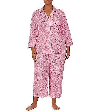Lauren Ralph Lauren Plus Size Long Sleeve Notch Collar Knit Paisley Print Pajama Set - 1x