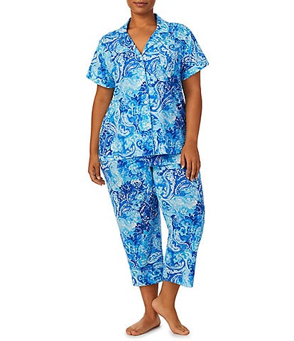 Lauren Ralph Lauren Plus Size Paisley Print Short Sleeve Notch Collar Capri Jersey Knit Pant Pajama Set