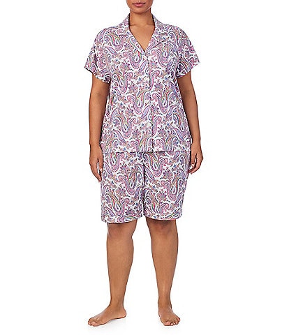 Lauren Ralph Lauren Plus Size Paisley Print Short Sleeve Notch Collar Knit Bermuda Shorty Pajama Set