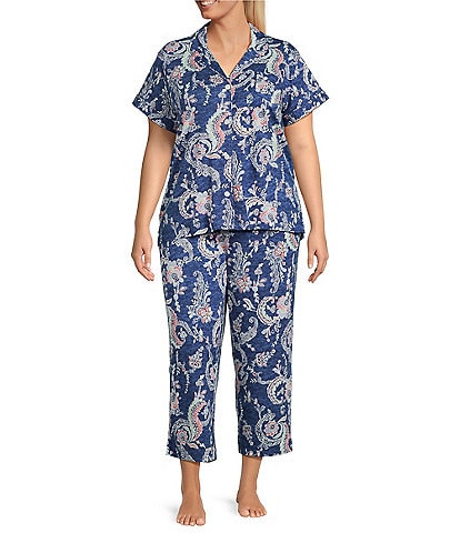 Lauren Ralph Lauren Plus Size Paisley Print Short Sleeve Notch Collar Knit Cropped Pajama Set