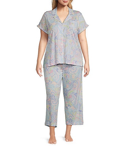 Lauren Ralph Lauren Plus Size Paisley Print Short Sleeve Notch Collar Knit Cropped Pajama Set