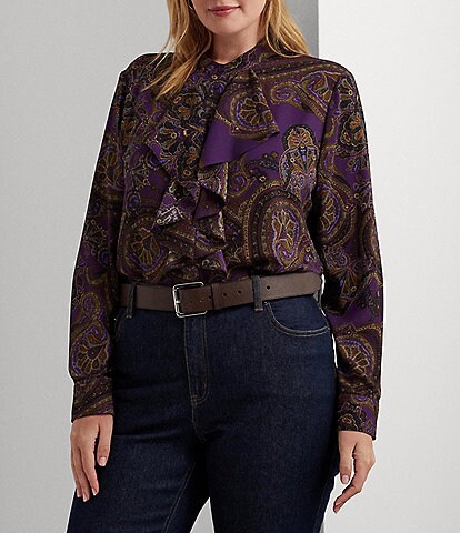 Lauren Ralph Lauren Plus Size Paisley Ruffle Trim Band Collar Long Sleeve Shirt