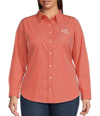 Lauren Ralph Lauren Plus Size Pinstripe Cotton Broadcloth Long Sleeve Button Front Shirt