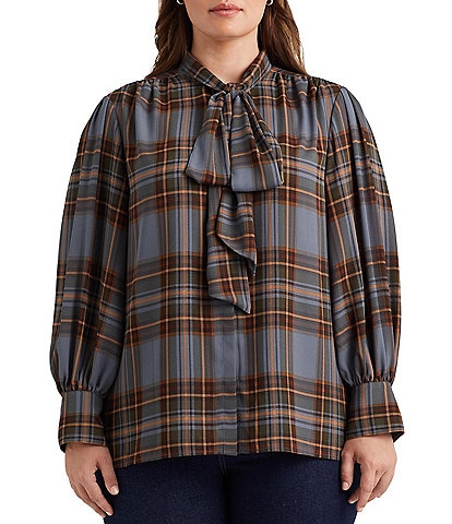 Lauren Ralph Lauren Plus Size Plaid Print Georgette Self-Tie Mock Neck Button Front Long Blouson Sleeve Shirt