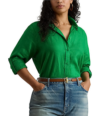 Lauren Ralph Lauren Plus Size Point Collar Long Roll-tab Sleeve Button-Front Linen Shirt