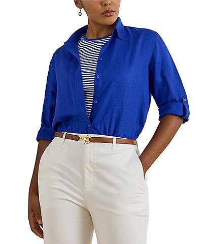 Lauren Ralph Lauren Plus Size Point Collar Long Roll-tab Sleeve Button-Front Linen Shirt