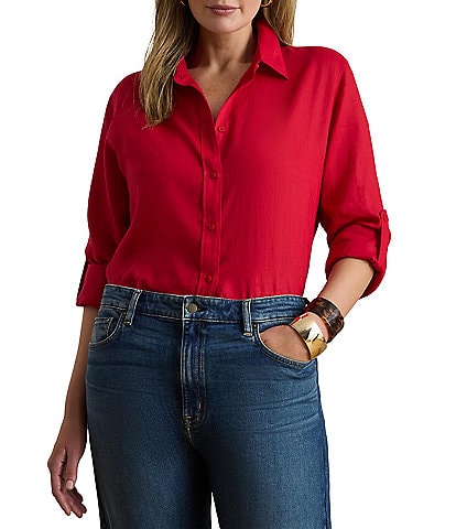 Lauren Ralph Lauren Plus Size Point Collar Long Roll-Tab Sleeve Button Front Linen Shirt
