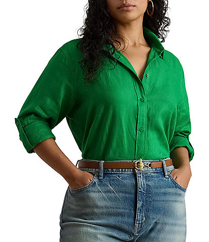 Lauren Ralph Lauren Plus Size Point Collar Long Roll-Tab Sleeve Button-Front Linen Shirt