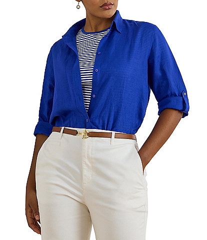 Lauren Ralph Lauren Plus Size Point Collar Long Roll-Tab Sleeve Button-Front Linen Shirt